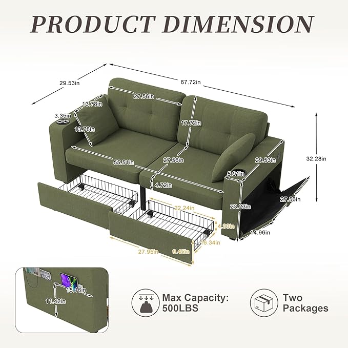 67 Small Loveseat Couch with Storage USB Charging and Cup Holder Space Saving Furniture Modern Chenille Love Seat Sofa Small Couches for Small Spaces Bedroom Apartment Olive Green