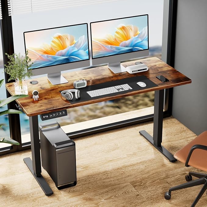 Electric Standing Desk Adjustable Height 63 x 24 Inch Sit and Stand Desk with 2 Hooks and Wire HolesHome Office Desk Ergonomic Workstation Computer DeskBrown