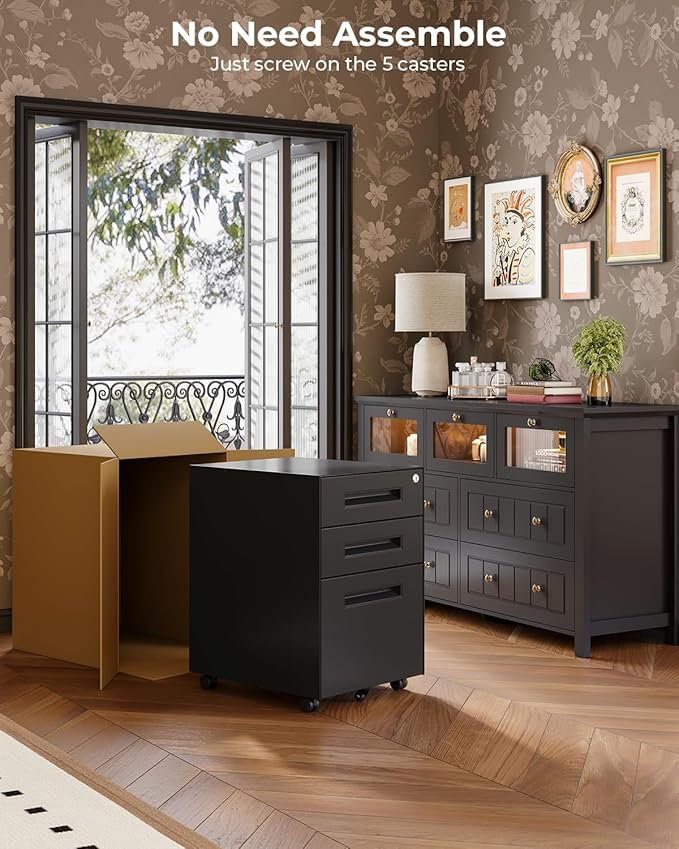 Dripex 3 Drawer File Cabinet Mobile File Cabinet with Lock on Wheels Letter/Legal Size Fully Assembled Modern Small Short Vertical Metal Rolling Filing Cabinets Under Desk for Home Office (Black)
