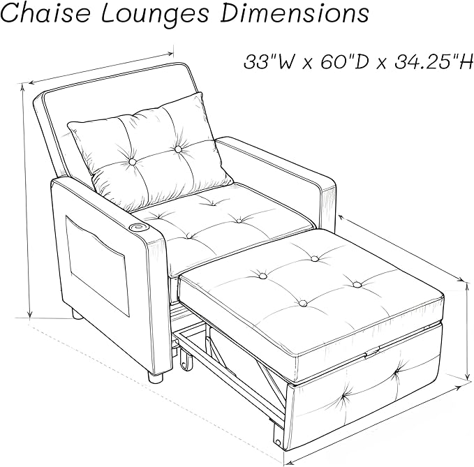 3-in-1 Convertible Sleeper Chair Sleeper Sofa Bed with USB Ports Lazy Sofa Bed with Side Pocket Recliner Chair with Adjustable Backrest for Living Room Apartment Dorm or Office Grey