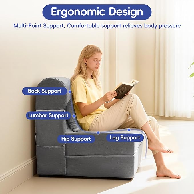 Convertible Folding Sofa Bed-Sleeper Chair with Pillow and Armrest Modern Linen Fabric Floor &amp Futon Sofa Bed Foldable Memory Foam Couch for Living Room/Home Office Single Size Light Gray