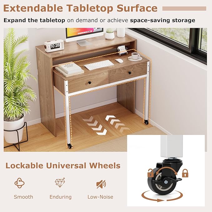 Tangkula Extendable Computer Desk with 2 Drawers Small Writing Desk with Pull Out Secondary Desk Console Table Wood Study Workstation Laptop Desk for Small Space Home &amp Office (Natural)