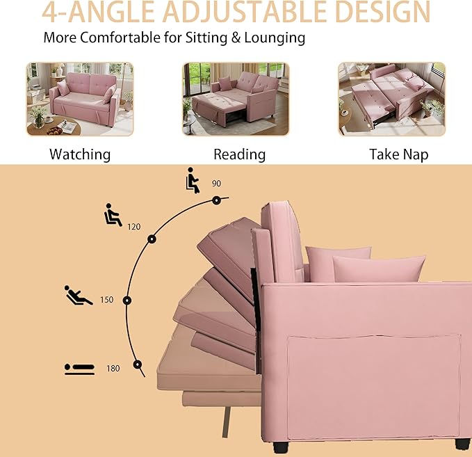 Pull Out Sofa Bed: 56 Pink 3 in 1 Convertible Sleeper Sofa Bed Velvet Loveseat Sleeper Couch with Storage Comfy Futon Couch Beds for Living Room | Velvet