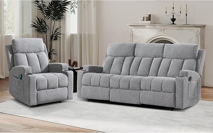 CANMOV Manual Recliner Sofa Set Fabric Recliner Living Room Furniture Sets 1 Seat Reclining Chair and a 3 Seate Sofa Furniture Set with Side Pockets and Cup Holders Light Grey