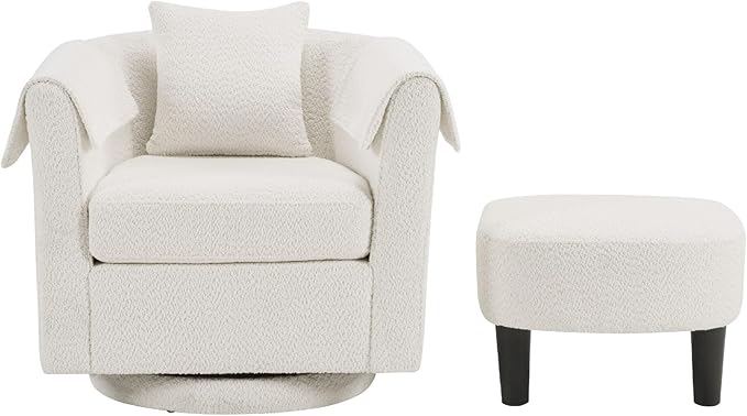 White Swivel Accent Chair with Ottoman 360° Barrel Chairs with Foot Stool Comfy Reading Chair with Removable Pillow &amp 2 Armrest Covers for Living Room Small Spaces Bedroom Chenille (White)