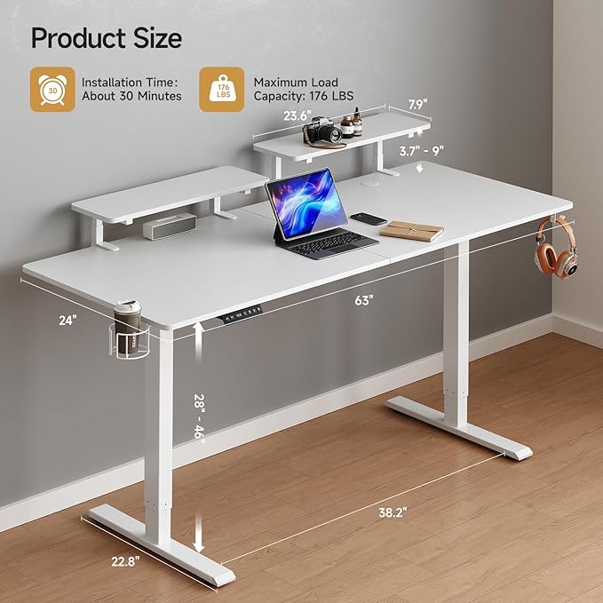 ONBRILL Standing Desk with 2 Adjustable Monitor Shelves 63 x 24 Inch Electric Stand Up Desk with Memory Controller and Adjustable Height from 28-46 inches for Computer Workstations All White