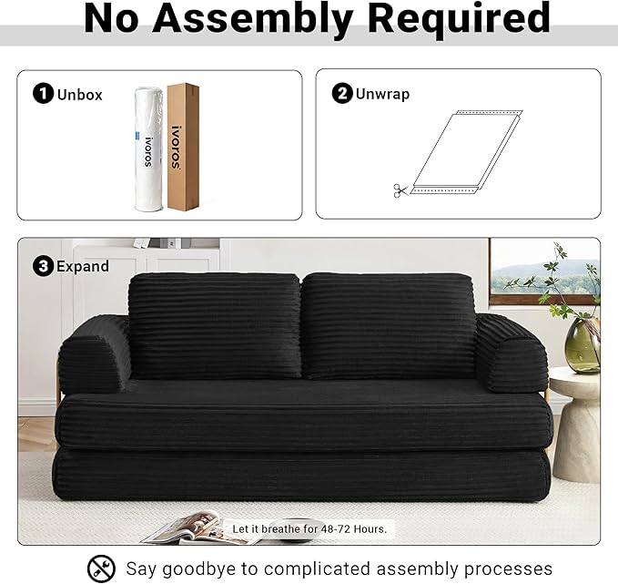 80 Convertible Sofa Bed Modern Corduroy Sleeper Sofa Folding Floor Couch with Golden Fixed-Shape Frame Black Boneless Loveseat Sofas Bed for Living Room Bedroom No Assembly Needed
