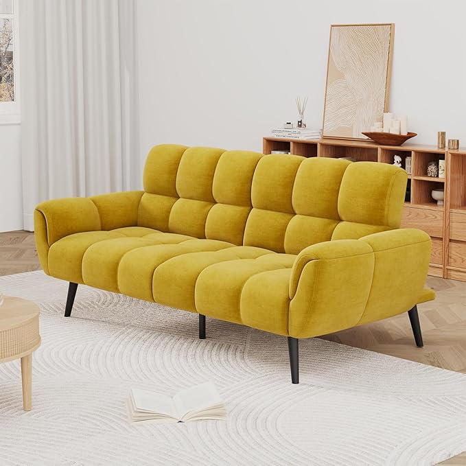 Convertible Futon Sofa Bed 76.77 Modern Linen Futon Couch Comfy Sleeper Sofa with Adjustable Backrests Couch Bed for Small Spaces Living Room Bedroom Apartment Yellow