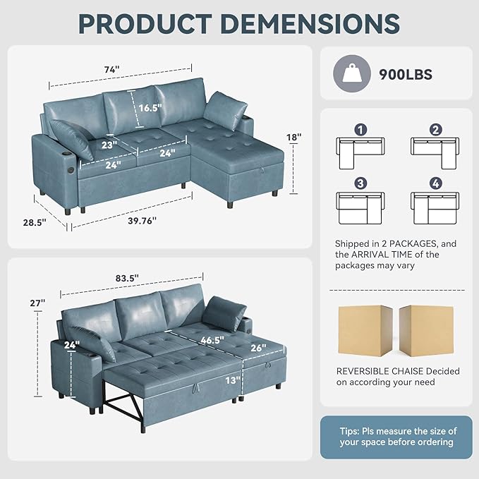 Leather Sleeper Sofa 83.5'' Sofa Bed with Storage Chaise Pull Out Couch with USB Cup Holders and Side Pockets L-Shaped Convertible Couches for Living Room-Faux Leather Blue
