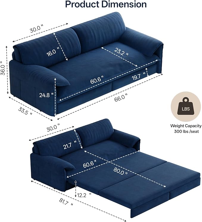 66 Queen Pull Out Couch BedVelvet 3-in-1 Queen-Size Sleeper SofaConvertible Pull-Out Sofa Bed with Side PocketsSleeper Loveseat for Living RoomApartment Offices (Blue)