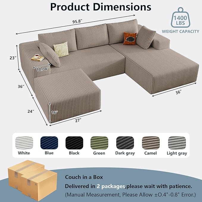 96 W Cloud Sectional Couch with OttomanModern U-Shaped Cloud Couch with Deep SeatComfy Corduroy 3-Seater SofaMemory Foam Sofa for Living RoomNo Assembly (CamelRight-Facing Chaise)
