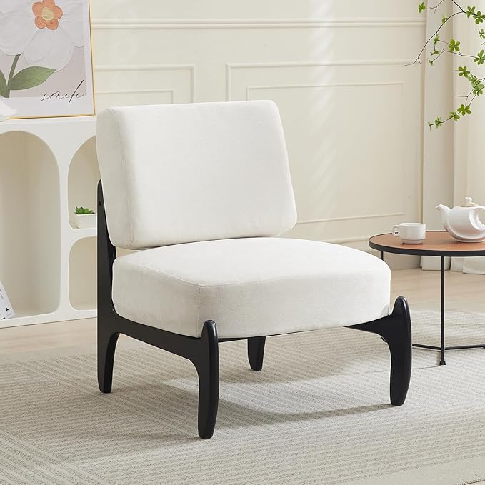 Qulomvs Modern Accent Chair Mid Century Accent Chair with Wooden Frame Upholstered Comfy Reading Chair Armless Side Sofa Chair for Living Room Bedroom (White Fabric)