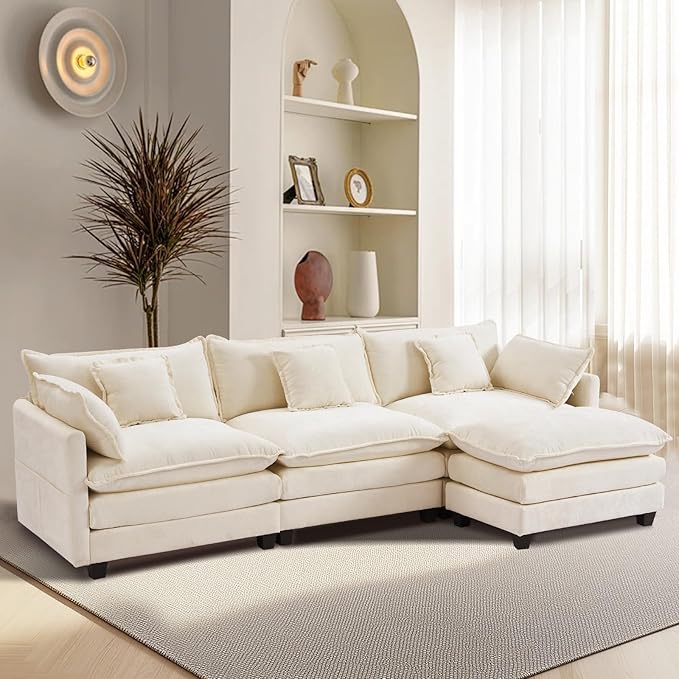 Furniliving 112‘’ L-Shaped Sofa Luxury Chenille Modular Sectional Couches with Ottoman Upholstered Deep Seat Sleeper Sofa with Memory Foam and Waist Pillows Beige