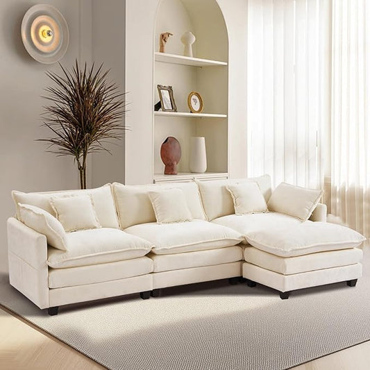 Furniliving 112‘’ L-Shaped Sofa Luxury Chenille Modular Sectional Couches with Ottoman Upholstered Deep Seat Sleeper Sofa with Memory Foam and Waist Pillows Beige