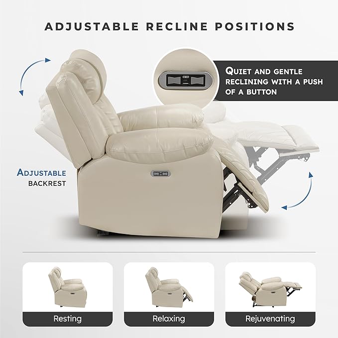 Lexicon Wall Hugger Power Double Reclining Sofa with Center Drop-Down Table Faux Leather Home Theater Seating with LED Lighting/USB Charging Ports/Wireless Charger/Cup Holders Magazine Pocket Beige