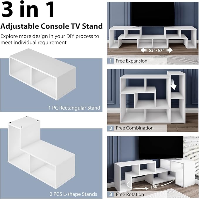Tangkula 3 Pieces Console TV Stand Free-Combination Entertainment Center for 50 55 60 65 Inch TV Minimalist Modern TV Media Stand DIY Open Storage Bookcase Shelf for Living Room (White)