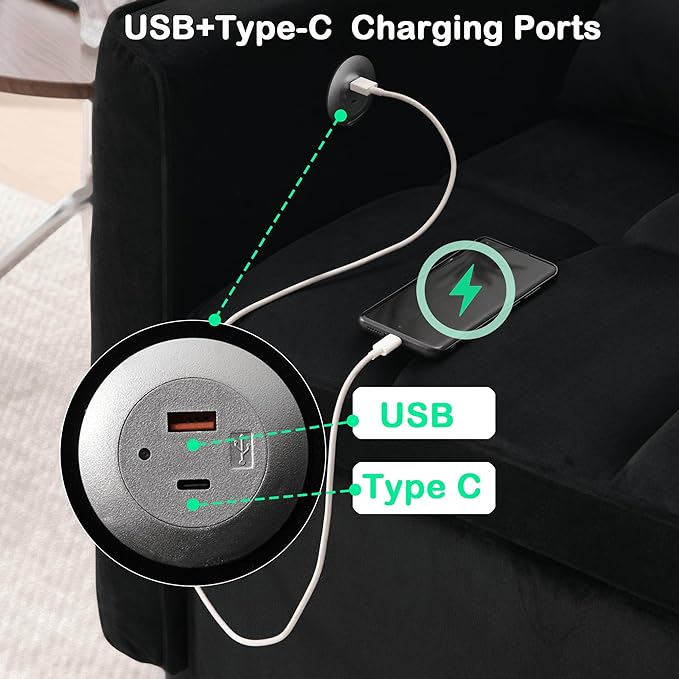 Velvet 3-in-1 Convertible Sleeper Sofa Bed - USB Charging Port Adjustable Backrest Pull-Out Futon Loveseat for Small Space Apartment Versatile Sectional Couch for Living Room (Black)