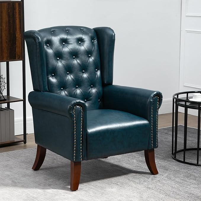 MOJAY Modern PU Leather Accent Chair Living Room Lounge Sofa Chair with Buttons Single Club Armchair with Rivet Trim for Bedroom Home Reception (DarkBlue)
