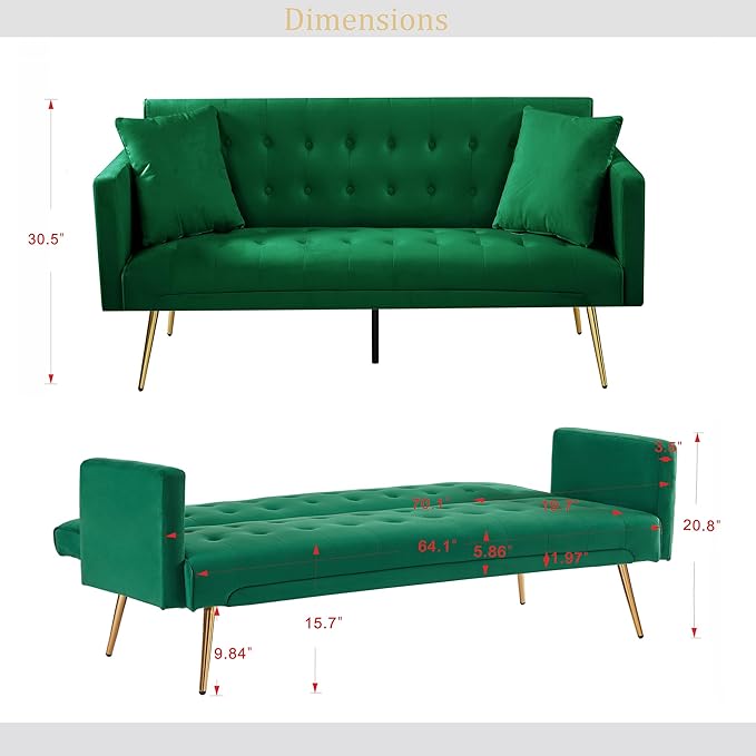 Anwick Modern Velvet Futon Sofa Bed: 72 Satin Convertible 2 Pillows Tufted Back Golden Metal Legs Folding Sleeper Loveseat for Small Space Home Office Living Room (Green)