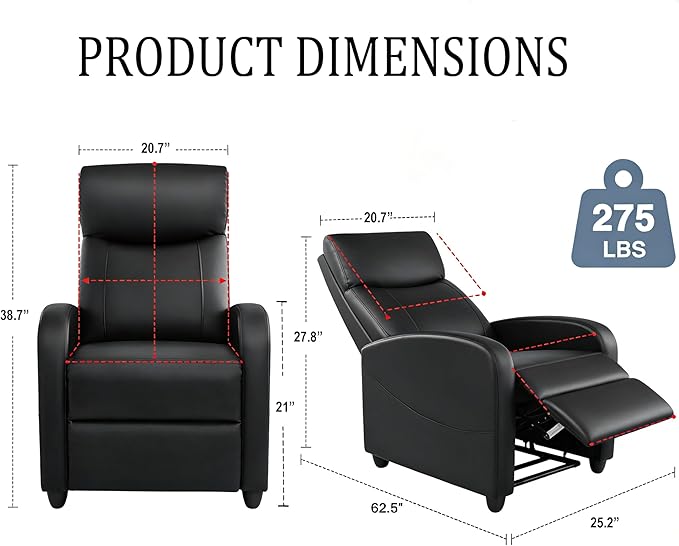 Simple Deluxe Massage Recliner Chair - Adjustable PU Leather Recliner Luxe Reading Chair &amp Sofa Chair for Living Room Chairs or Bedroom Chair Small Recliner for Home Theater Black