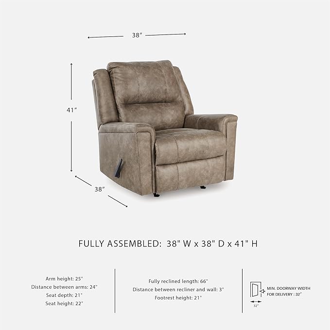 Signature Design by Ashley Skymaker Modern Faux Leather Manual Rocker Recliner with Track Arms Light Brown