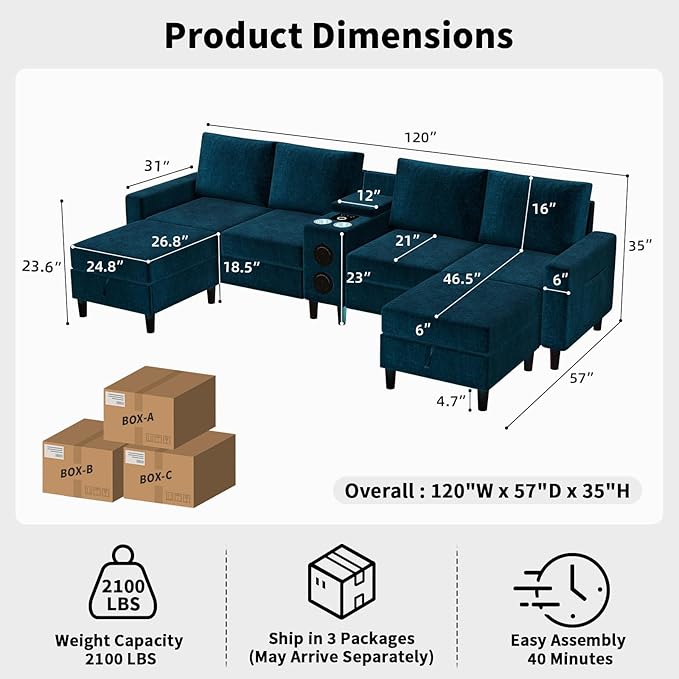 Sectional Couches for Living Room 6 Seat Sectional Sofa Smart Module-Bluetooth Speaker/RGB Light/Charging Station Chenille U Shaped Couch with 2 Movable Storage Ottomans (Blue)