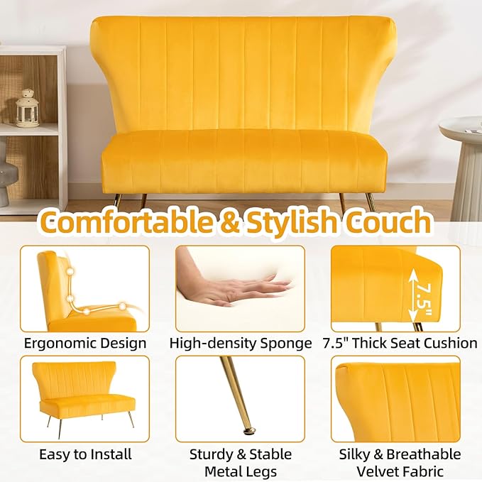 50’’ Armless Loveseat Sofa Comfy Upholstered Velet Small Couch Sofa with Gold Legs 2 Seater Tufted Modern Couch for Living Room Bedroom Apartment Small Space (Yellow)
