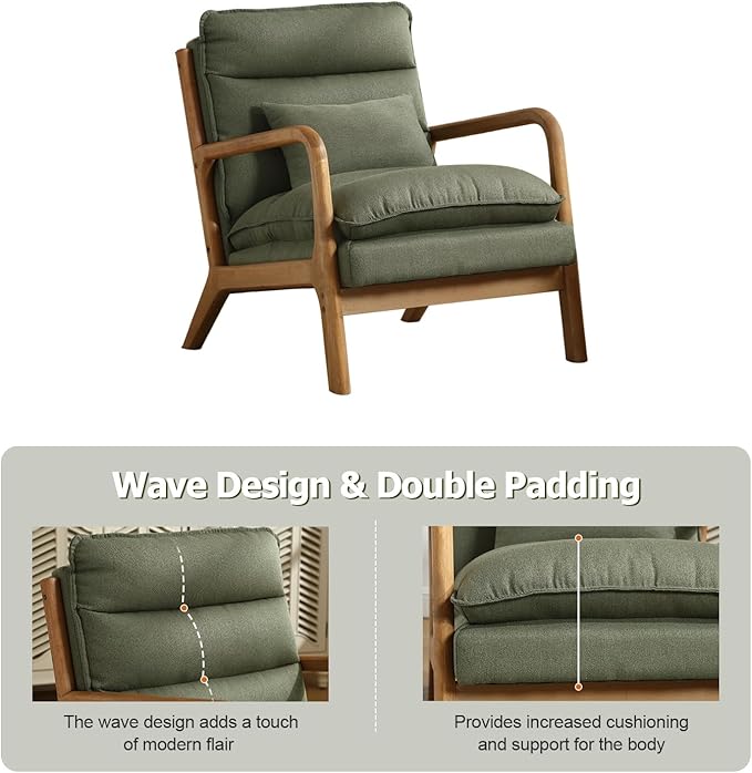 INZOY Mid Century Modern Accent Chair with Wood Frame Upholstered Reading Armchair with Waist Cushion Double Padded Accent Chair Side Chair for Living Room Bedroom Office Easy Assembly Green