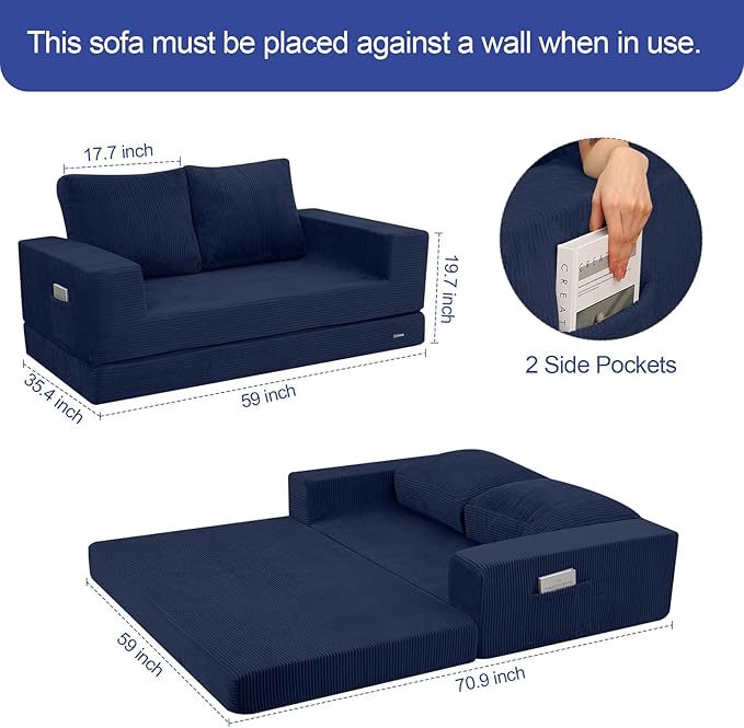 COMAX Convertible Sofa Bed Queen Folding Fold Out Couch Bed Floor Futon Couch Corduroy with Back Pillows Boneless Sofa Comfy Lounge Sleeper Mattress Loveseat for Living Room Bedroom Navy Blue
