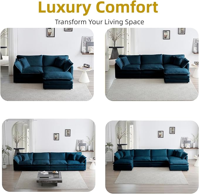 76.7 Modular Sectional Sofa U Shaped Deep Seat Cloud Couch with OttomanConvertible 2-Seater Comfy Chenille Upholstered Sofa Set for Living Room Apartment Studio – Blue