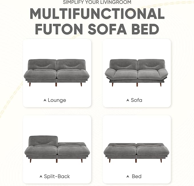JUMMICO Convertible Futon Sofa Bed Sleeper Futon Couch with Adjustable Backrest and Armrests Modern Loveseat with Sturdy Wood Frame for Small Spaces Apartments (Corduroy Dove Gray)