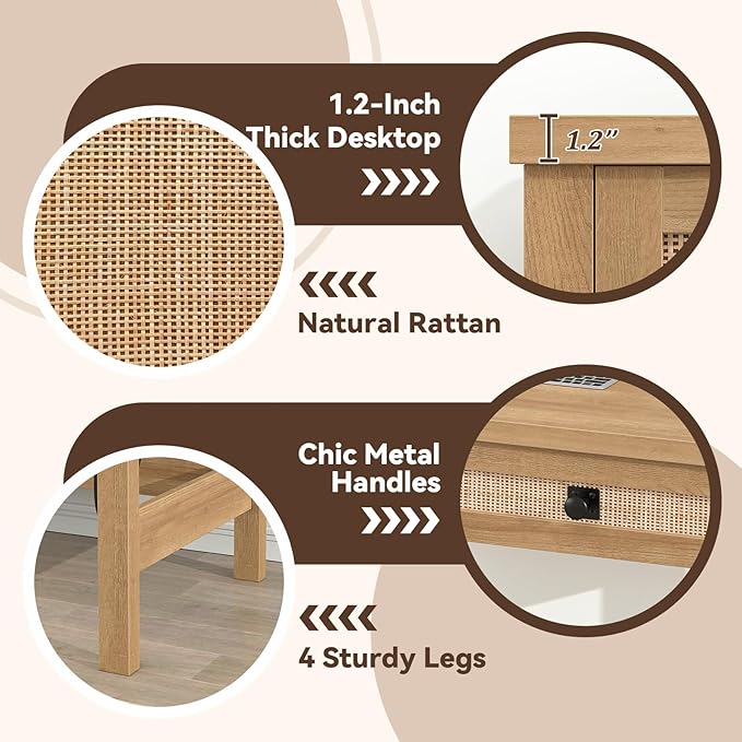 Rattan Computer Desk with 2 Drawers 39 Inch Small Desk with Power Outlets Farmhouse Boho Vanity Desks Compact Writing Study Table for Small Spaces Oak