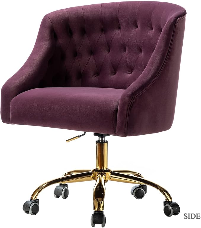 Velvet Home Office Chair with Gold Base Comfy Modern Cute Desk Chair Adjustable Swivel Task Chair for Study Living Room Bedroom Vanity Purple