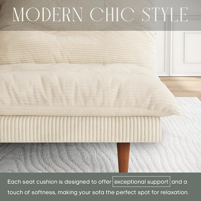 Futon Sofa Bed 69 inch Futon Couch with Adjustable Backrest Corduroy Convertible Sleeper Sofa Bed Folding Sleeper Recliner for Apartment Living Room Office Beige