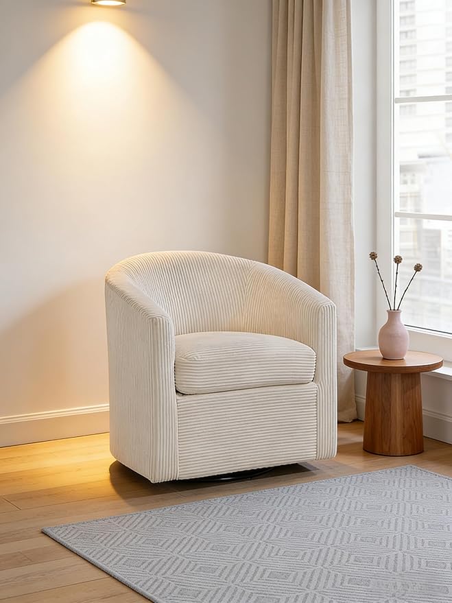 Corduroy Swivel Chair with U-Shaped Back 360° Rotating Accent Chair Fully Assembled Modern Barrel Chair for Living Room Bedroom Reading Nookc (Beige)