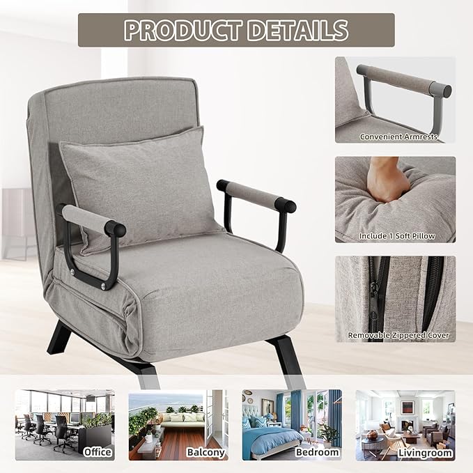 Convertible Sofa Bed Sleeper ChairSingle Person Chaise Lounge Couch with PillowUpholstered Lazy Bed with 6 Angles Adjustable BackrestFolding Sofa Arm Chair for Apartment/Office/Home (Light Gray)