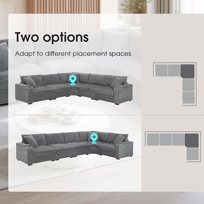 Merax 106 Corduroy Sectional Corner Sofa with Cup Holders &amp USB Charger 5 Seat Convertible L Shaped Couch Set with Armrest Storage Oversized Comfy Modular Sofabed for Living Room &amp Apartmen