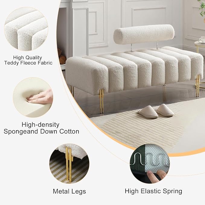 53.2 Modern Loveseat Sofa CouchUpholstered Couch Bench with Golden Legs and Adjustable BackrestSherpa Small Couches for Living Room Bedroom Office (Beige)