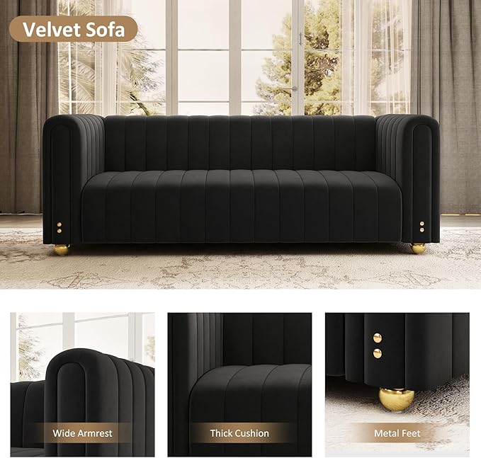 81 W Tufted Velvet CouchModern Velvet Sofa with Round Handrails and Metal Legs for Living Room Office Apartment (1 Black)