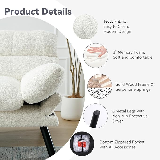 White Modern Teddy Velvet Convertible Folding Futon Couch Sofa Bed Adjustable Pillow Top Arm Memory Foam Couch Double Love Seat Sofa for Compact Space Dorm Apartment Bedroom Loveseat (White)