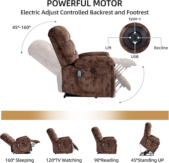 CANMOV Power Lift Recliner Chair for Elderly with Massage and Heat Electric Lift Chair with 2 Side Pockets and Cup Holders USB &amp Type-C for Living Room Brown