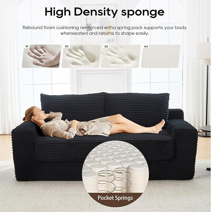 Black Cloud Couch 72 Chenille Loveseat Sofa 2-in-1 Floor Folding Sofa Bed Modern Comfy Sofa with 26 Deep Seat Soft Cushions for Living Room Apartment Office (Black)