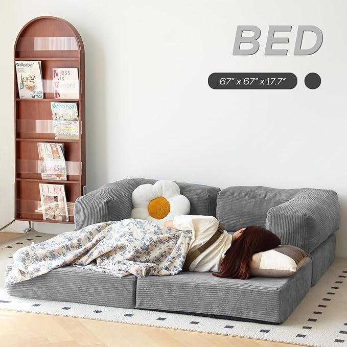 Free Combination Convertible Folding Sofa Bed Armless Foam Floor Sofa Sleeper Floor Couch for Living Room and Bedroom Sleeper Chair with Pillow Twin Size (Harbour Grey)
