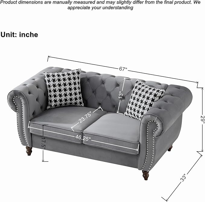 Loveseat Velvet Fabric Two- Seater Couch Buckle Design and Rivet Decoration Deep Seated Double Sofa Suitable for Living Room Bedroom Apartment Hotel etc (gray-04)