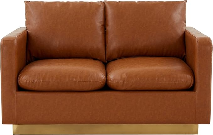 LeisureMod Nervo Modern Upholstered Leather Loveseat Sofa 2-Seater Living Room Couch with Gold Metal Base and Removable Cushions Small Space Furniture for Living Room Office Cognac Tan