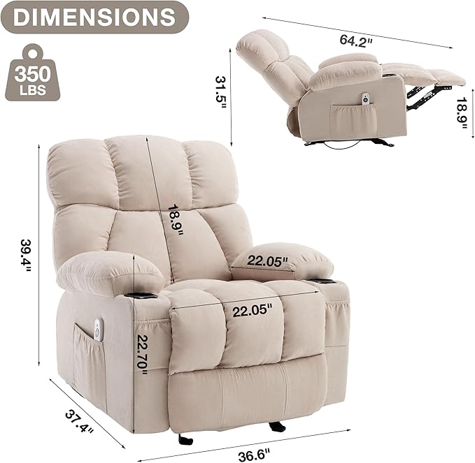 Massage Rocker Recliner Chair with Heat and Vibration Ergonomic Rocking Lounge Chair for Living Room Comfy Overstuffed Recliner with 4 Side Pockets2 Cup Holders USB Charge PortBeige