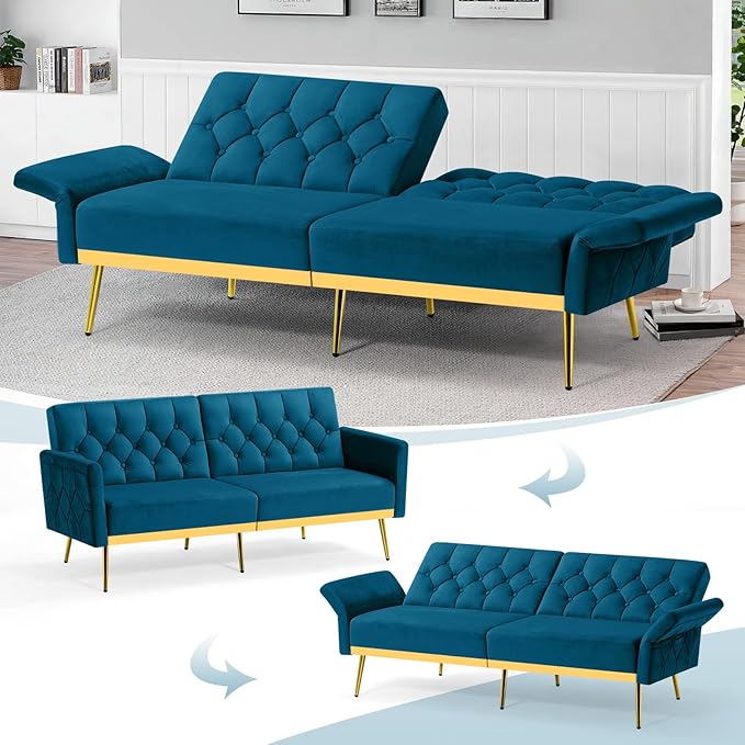 Tufted Velvet Futon Sofa Bed w/Adjustable Armrests &amp Backrests Comfortable Sleeper Couch Modern Convertible Love seat Sofa for Living Room Bedroom Apartment Teal