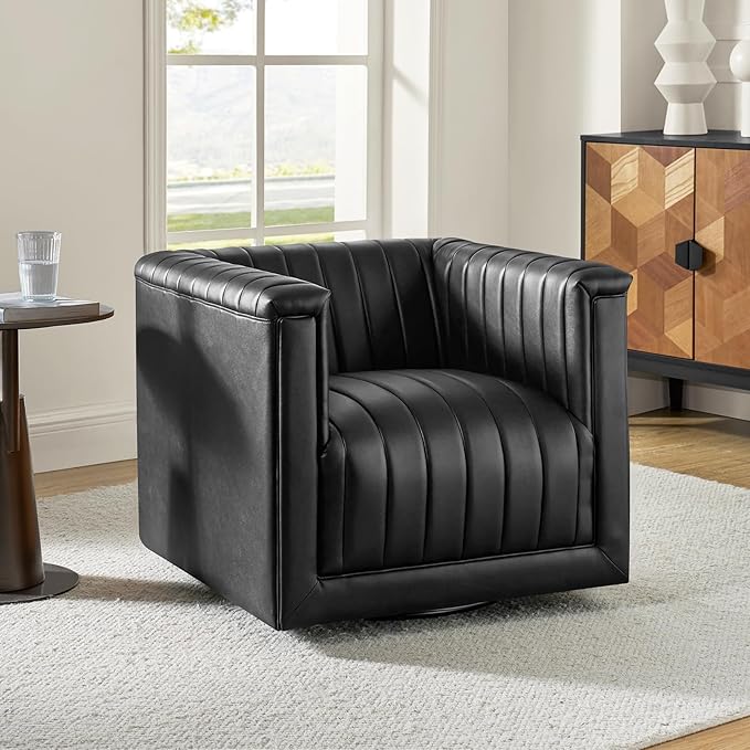 HULALA Home Faux Leather Swivel Accent Chair Boxy Silhouette Chair with Striped Arm Leather Barrel Chair with Herringbone Pattern(Black)