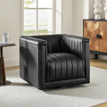 HULALA Home Faux Leather Swivel Accent Chair Boxy Silhouette Chair with Striped Arm Leather Barrel Chair with Herringbone Pattern(Black)