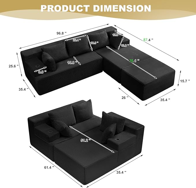 Boneless Couch Cloud Modular Sectional Sofa Modern Convertible L Shaped 3 Seat Corduroy Deep Seat Boneless Couches with 5 Pillows for Living Room Apartment (Black Right Facing Chaise+Ottoman)